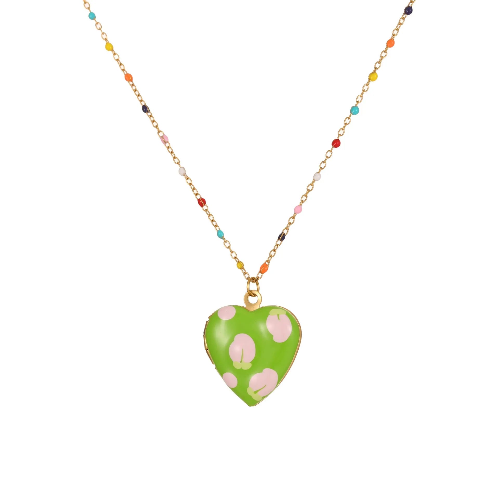 Gold-plated heart-shaped fruit pendant necklace on a stainless steel chain, showing grape design detail.