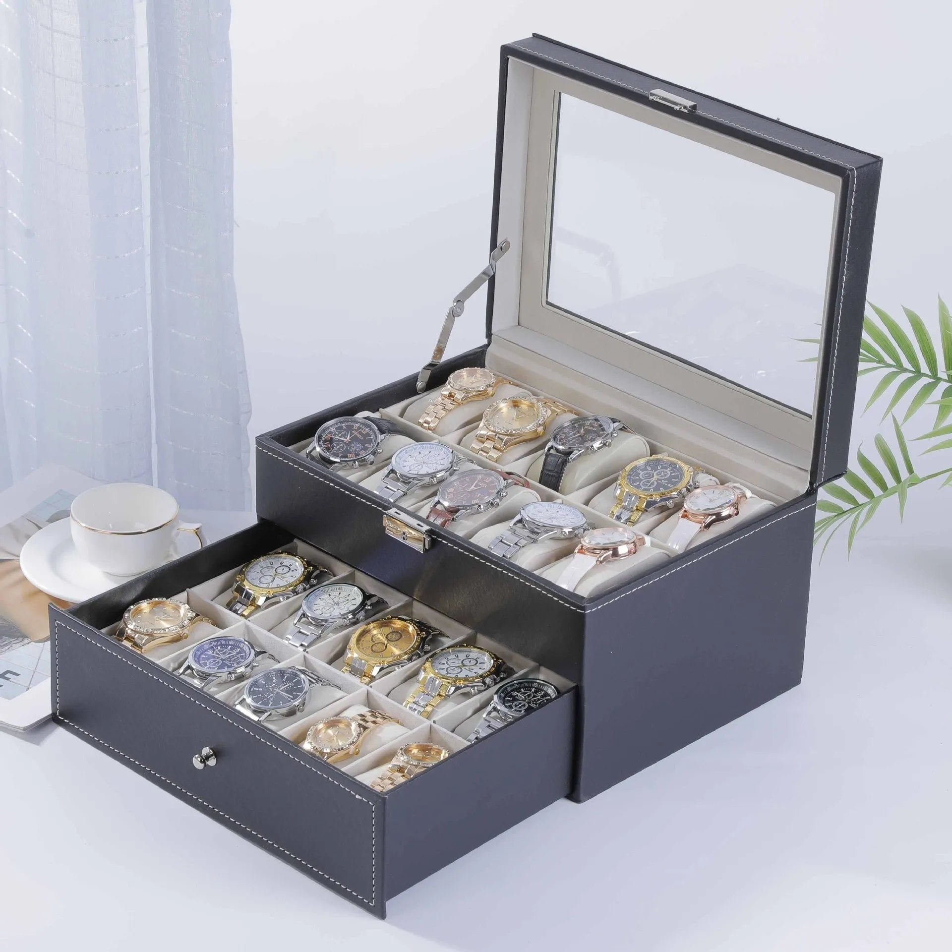 Grey high-grade leather watch storage box with clear dustproof lid showing multiple watch slots inside.