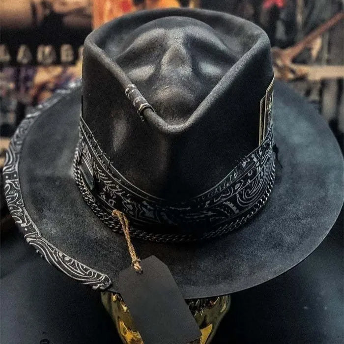 Handmade wool felt denim skull hat with conical crown for Halloween costume events