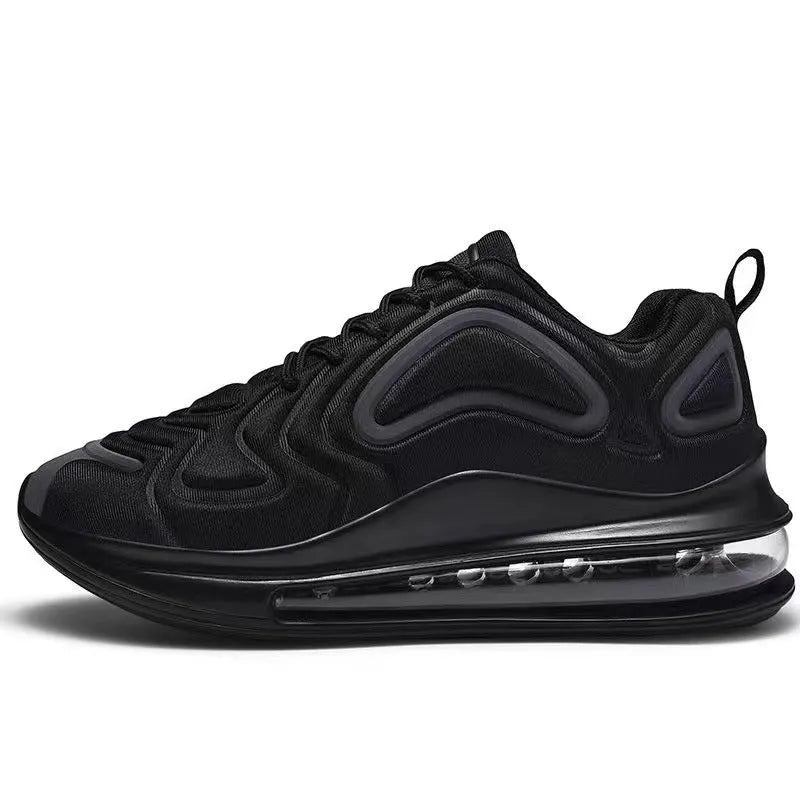 Men's black thick sole lace-up sneakers with a round toe and low-cut design.