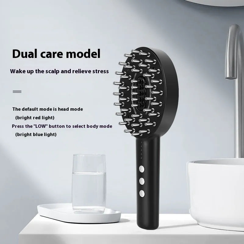 Black handheld scalp massage device with charging cable for vibration therapy