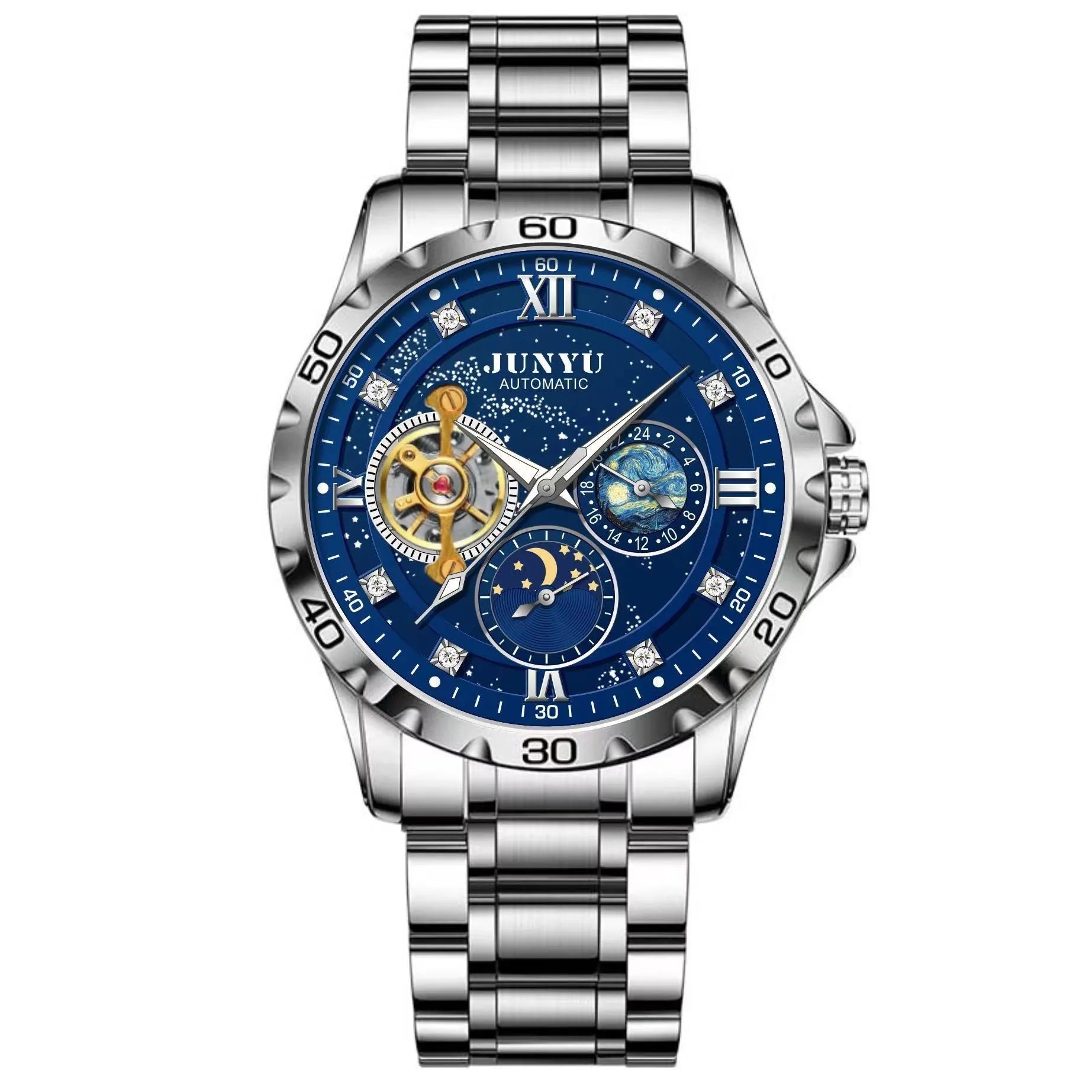 Men's waterproof automatic mechanical watch with luminous hands in silver case black face option
