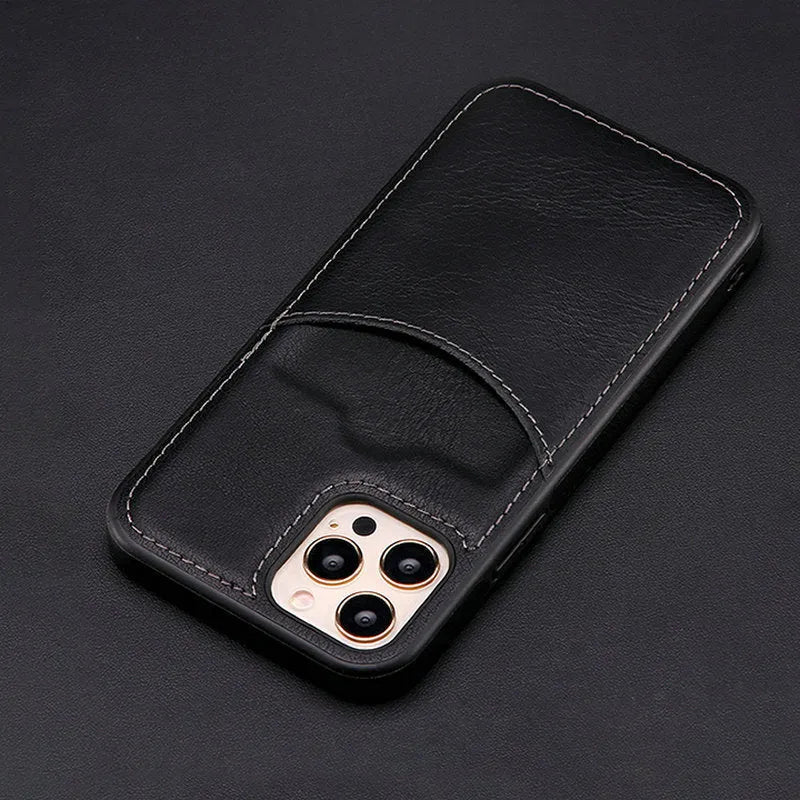 Dark blue PU leather protective case for iPhone, showing business-style design and fall protection.