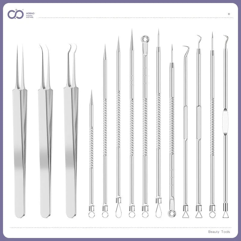 Four silver metal acne needles with pointed tips for skincare extraction