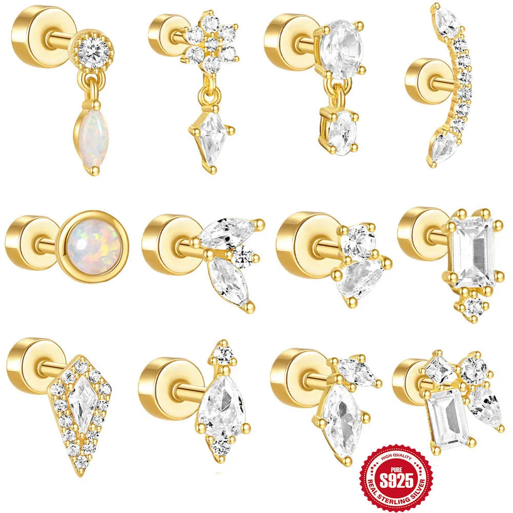 S925 sterling silver flat column thread geometric ear bone stud in a gold tone finish.