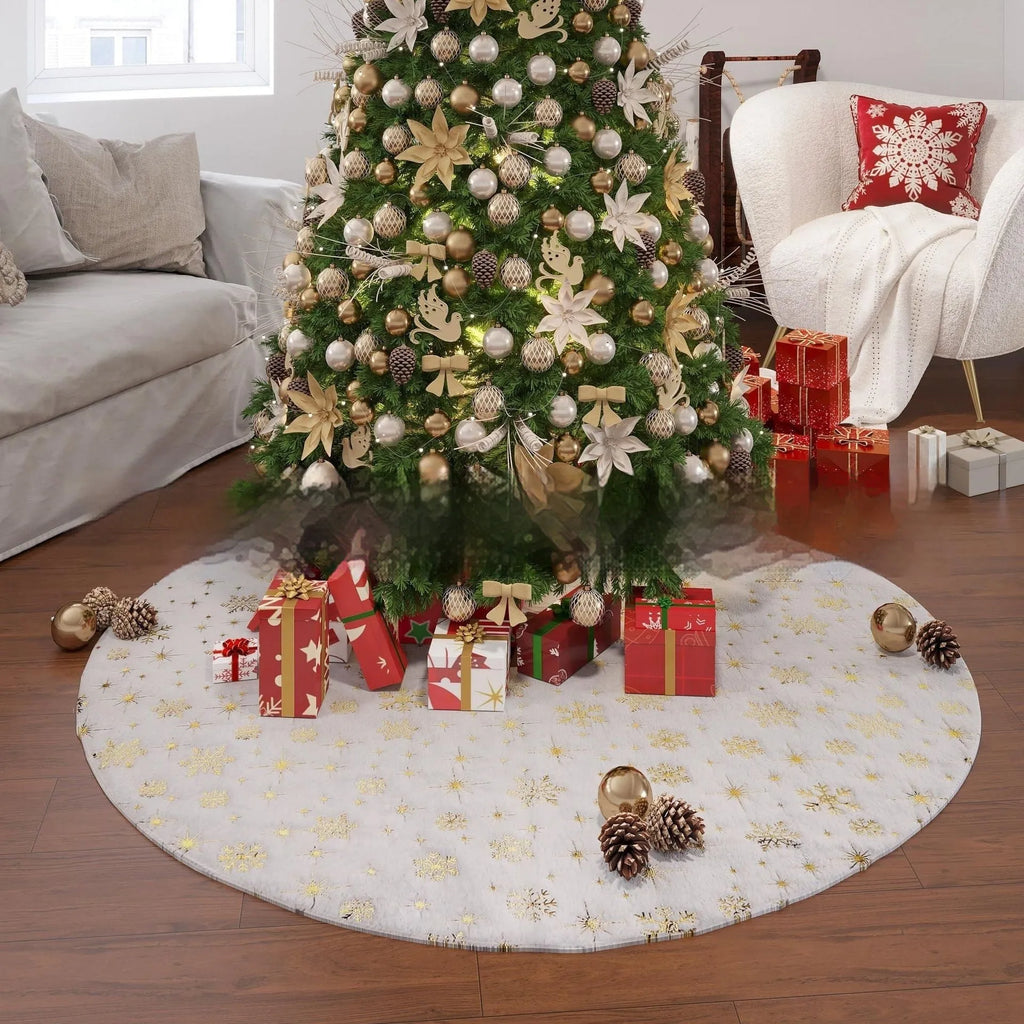 Plush Christmas tree decorative floor mat in snowflake star design showing soft textile surface