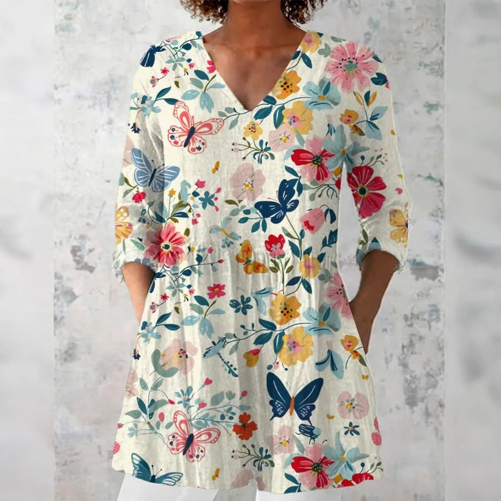 Women's retro slim fit long-sleeved top with digital printing in polyester fabric