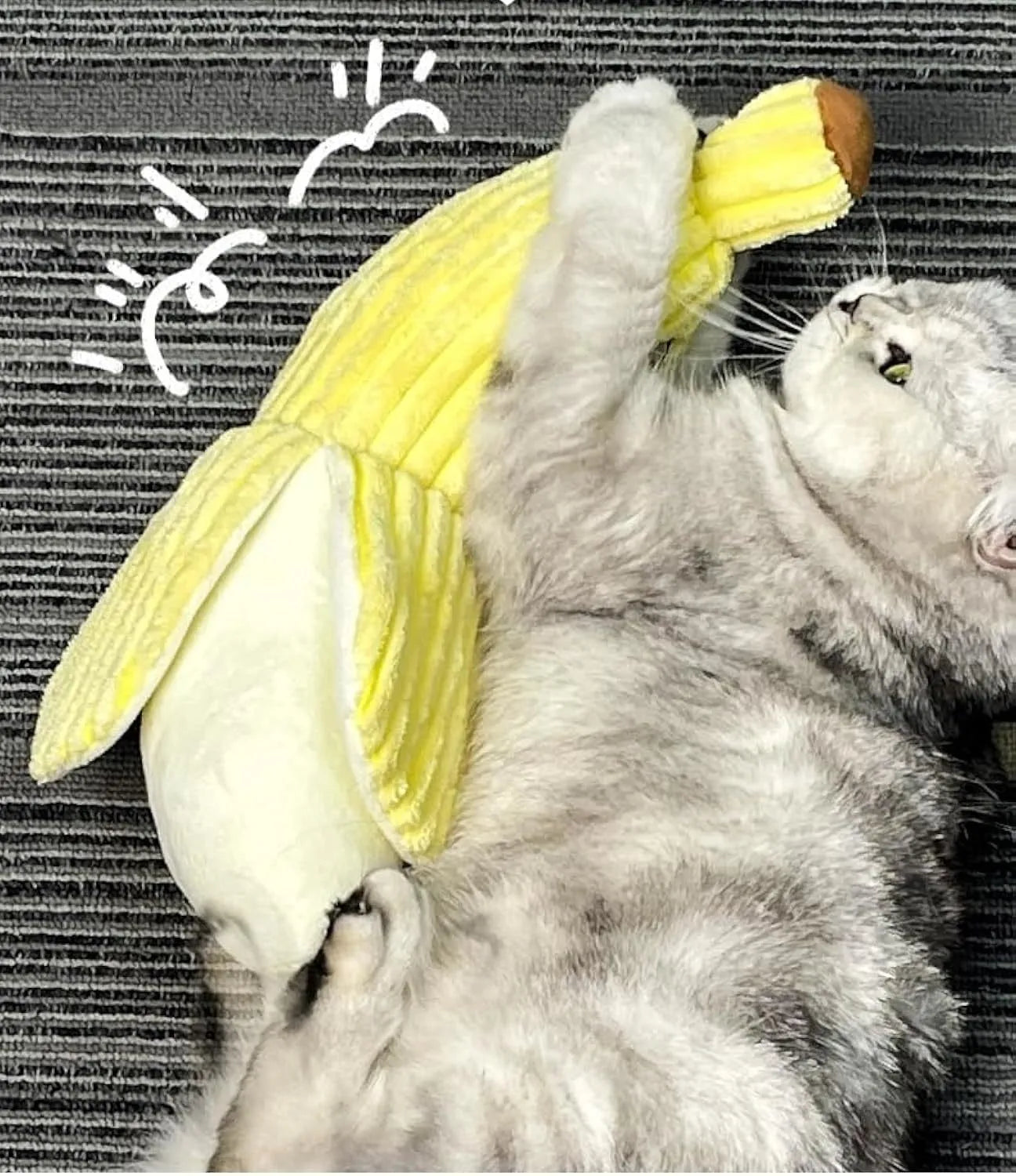 Yellow banana-shaped cat crinkle toy with soft plush material for indoor kitten chew play