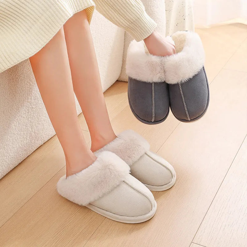 Women's winter plush slippers with artificial wool lining and non-slip PVC soles in various colours