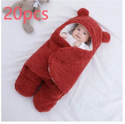 Baby quilted sleeping bag wrapper in cotton blend fabric showing colour options: white, red, grey, light blue, pink, khaki.