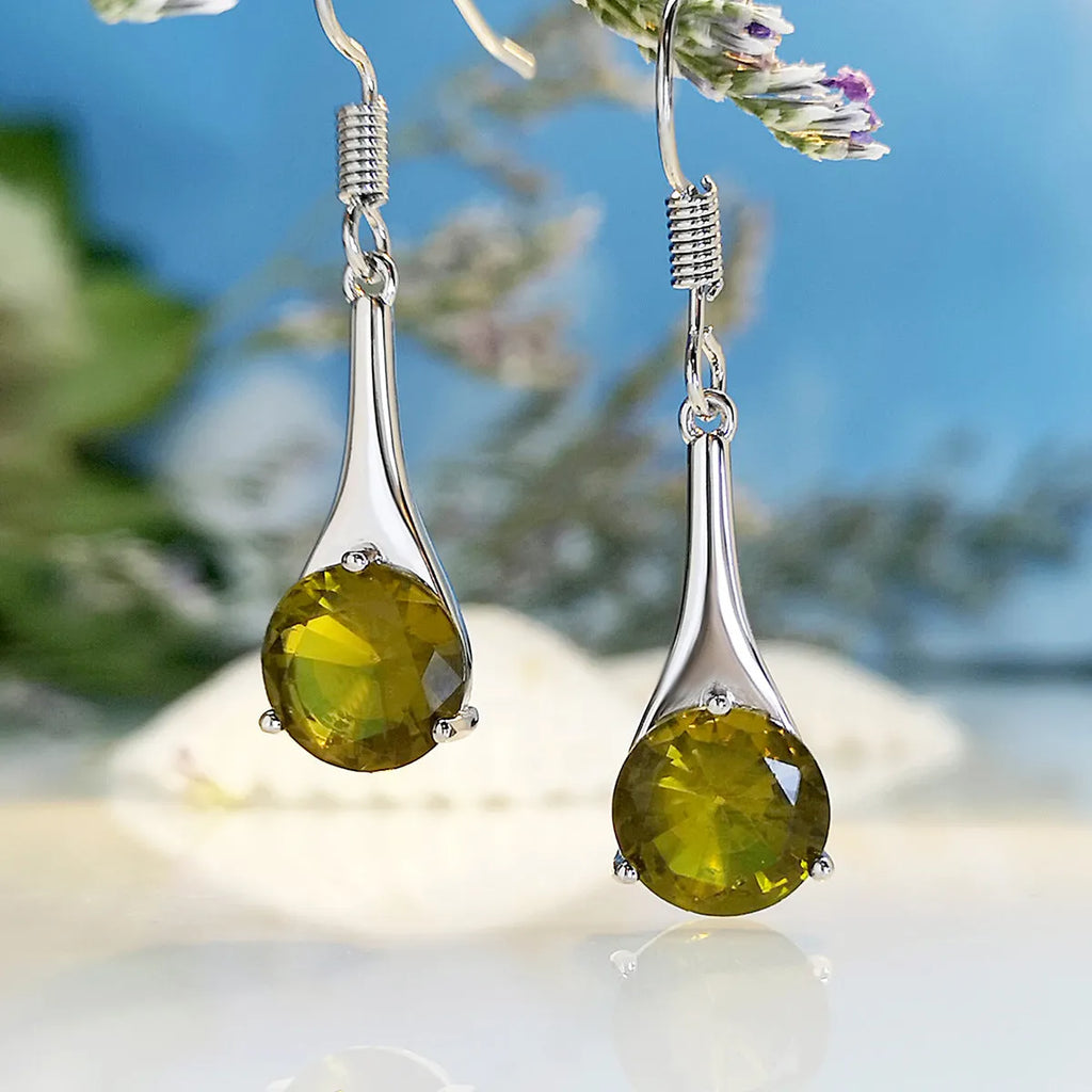 Olive green topaz earrings with water drop shape, electroplated alloy construction