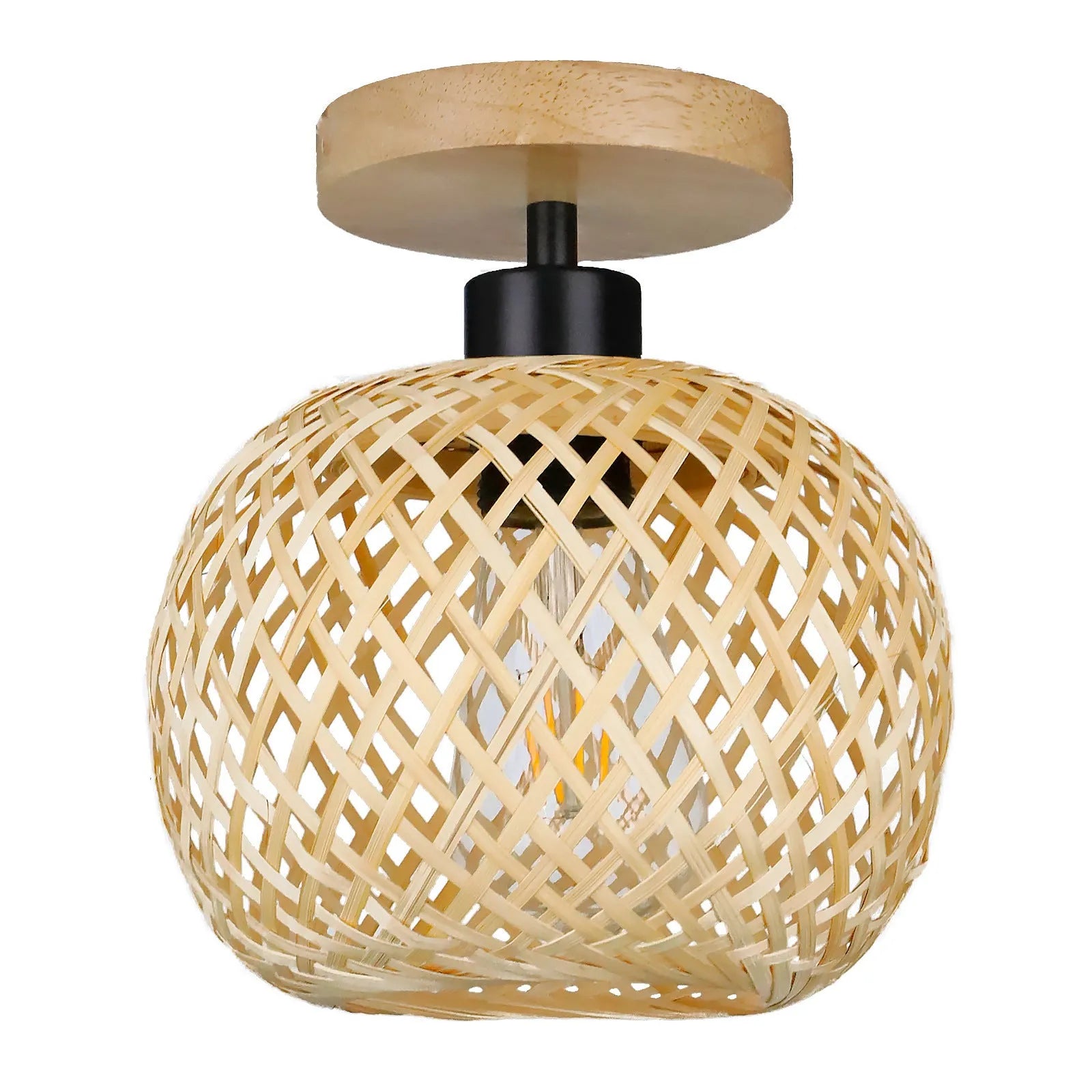 Japanese-style ceiling lamp with a natural bamboo and rattan shade for hallway or corridor lighting.