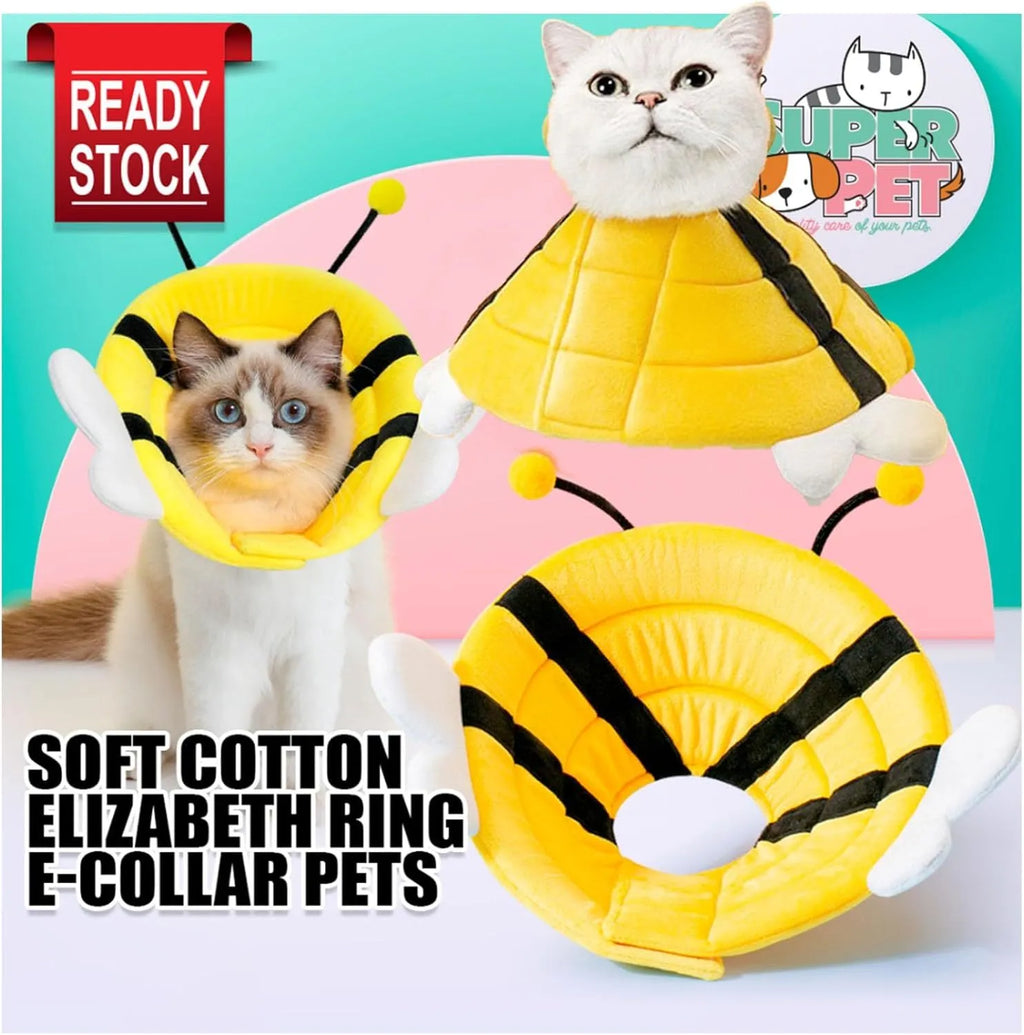 Soft cat cone collar with black and yellow bee design showing Velcro closure and curved protective shape