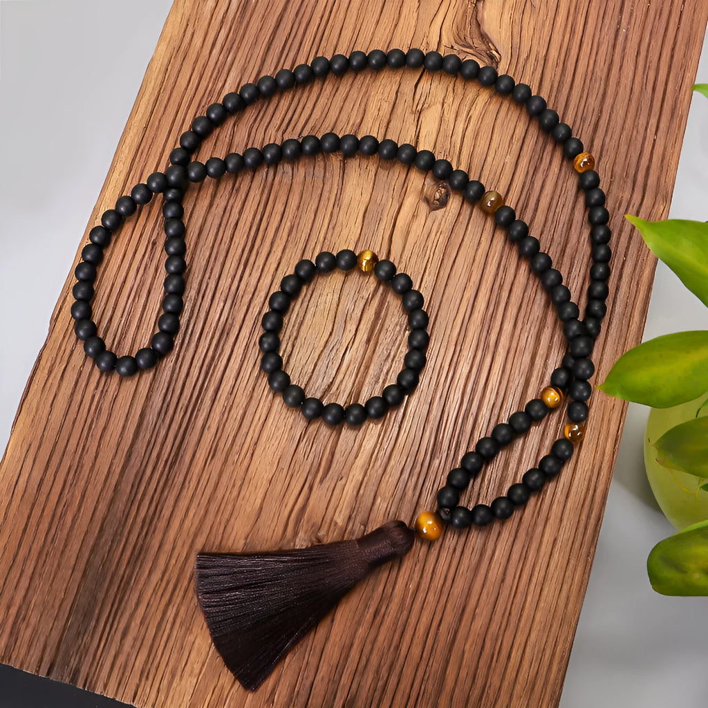 Stone bead necklace and bracelet set with tassel pendant in original design