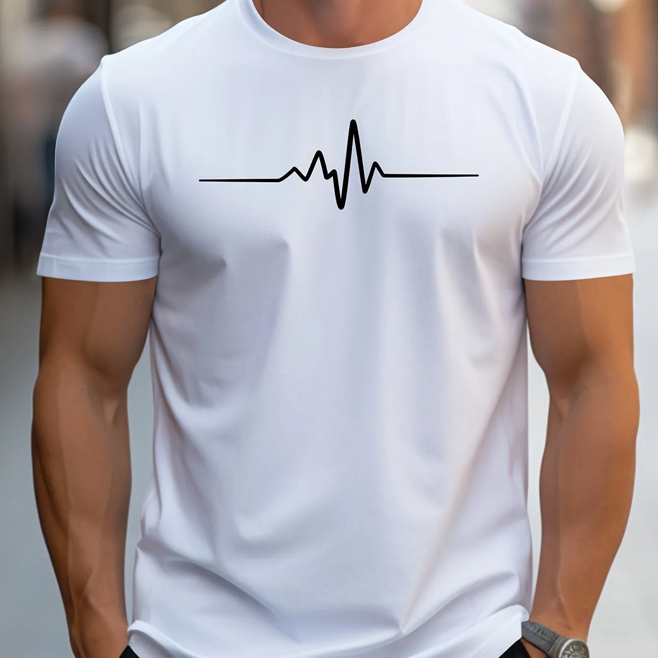 Men's loose-fit short-sleeve t-shirt with a printed letter pattern, shown in a casual style.