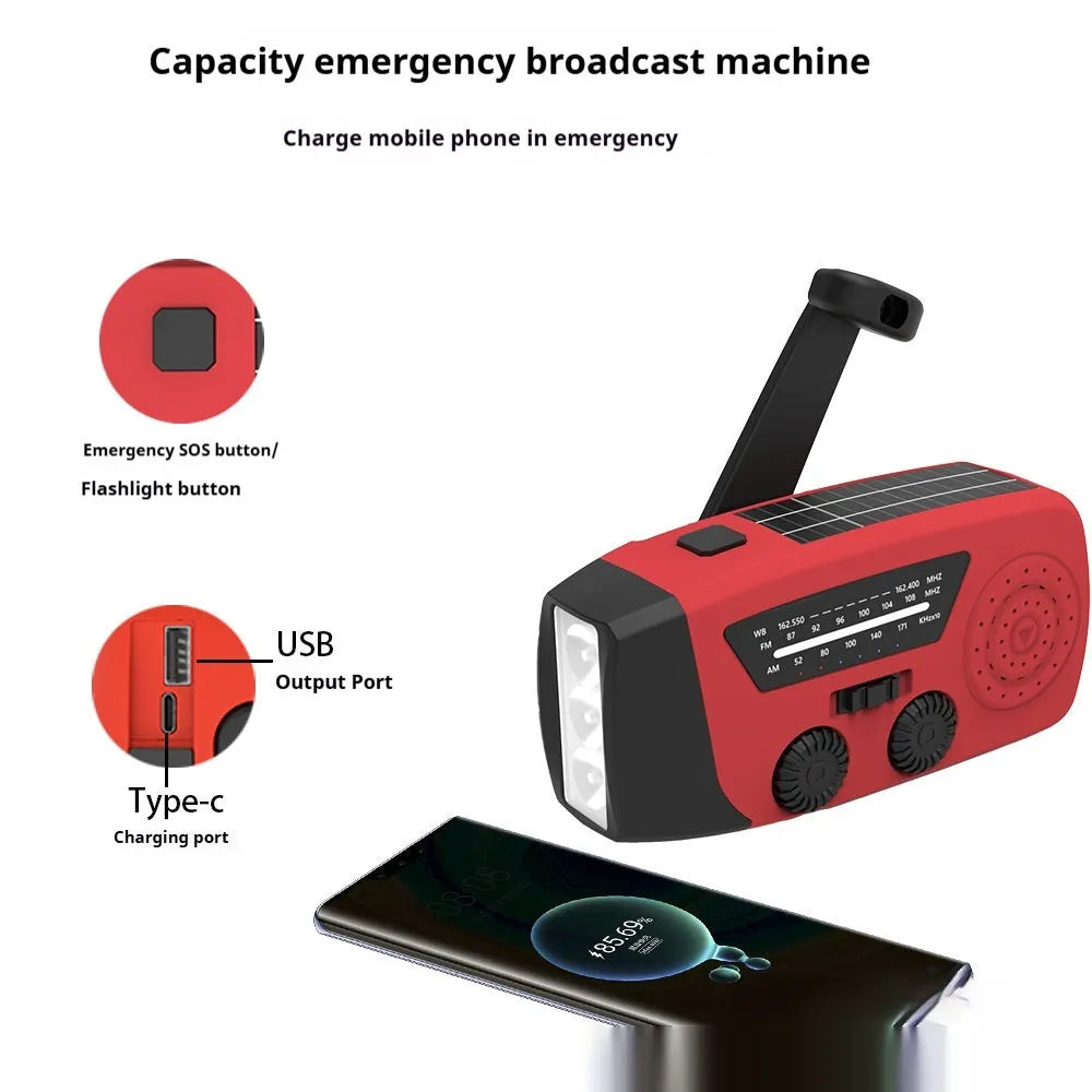 Red rechargeable emergency hand radio torch with AM/FM radio, LED light, and USB power bank functionality