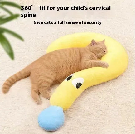 Blue cat sleeping mat with a U-shaped question mark pillow for neck support