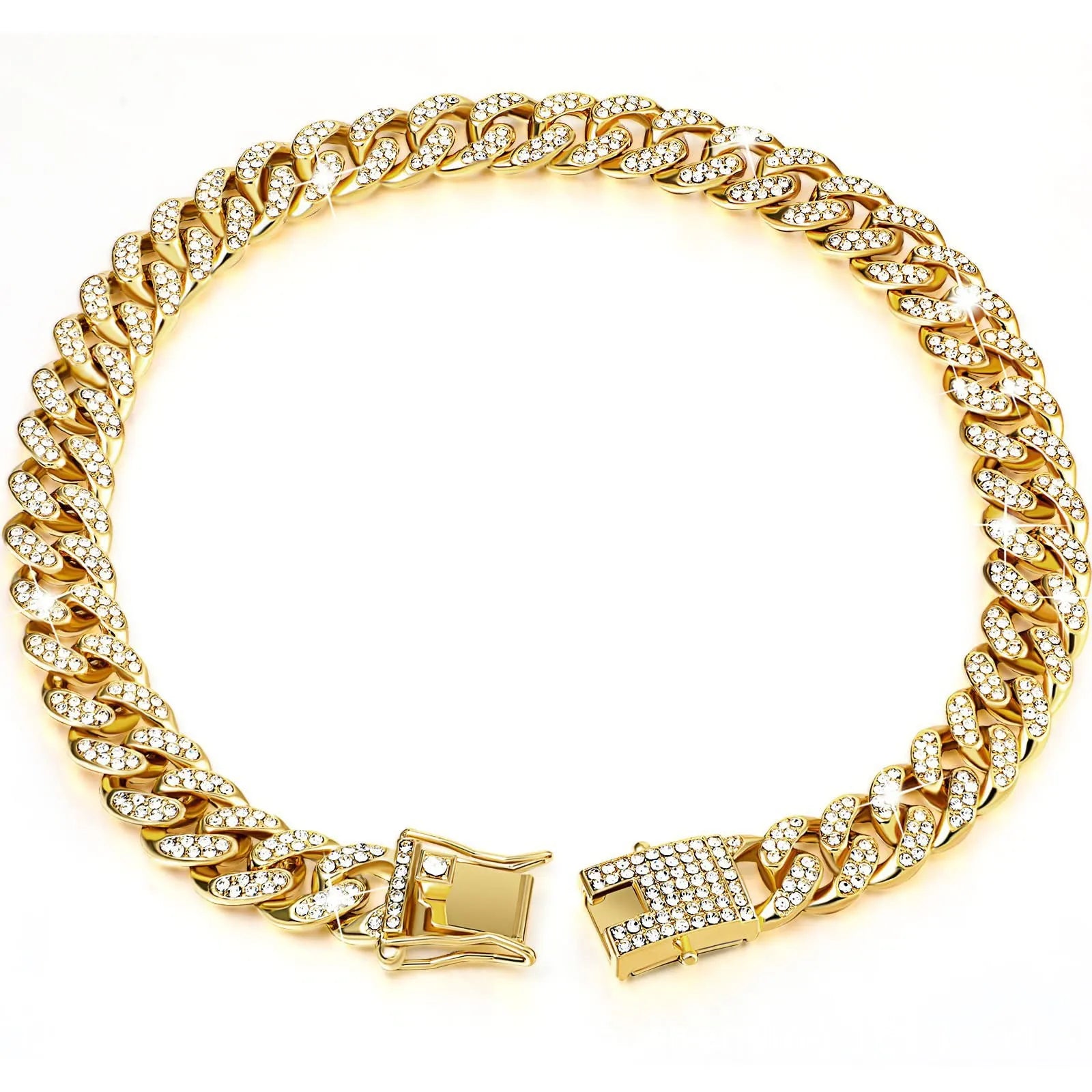 Gold alloy hip hop dog collar necklace with diamond pattern, 12.5mm width, on a white background.