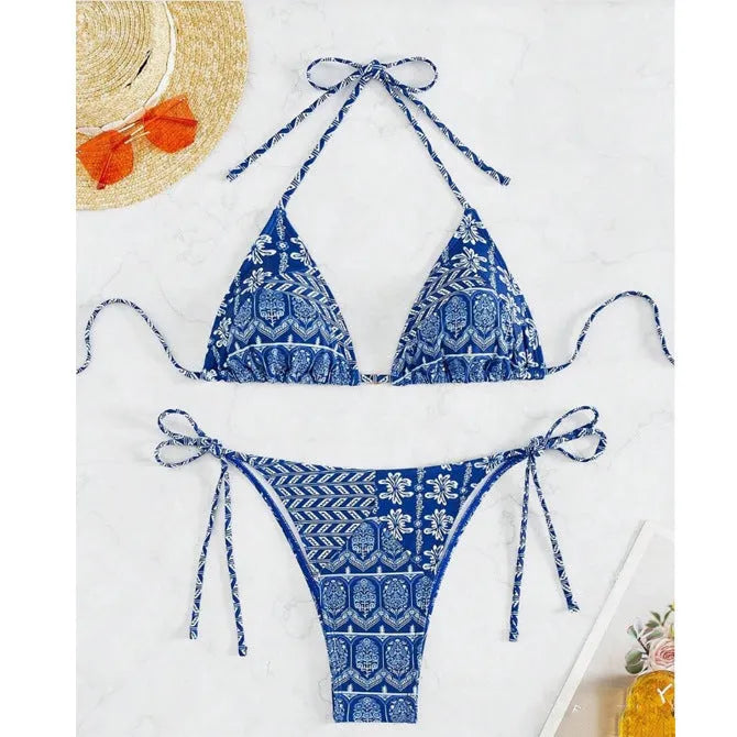 Women's split bikini swimsuit with bandage style and contrast stitching in polyester fabric
