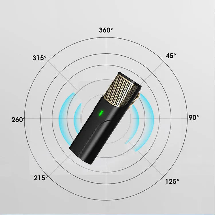 Black wireless lavalier microphone with charging cable and box for mobile phone and camera recording