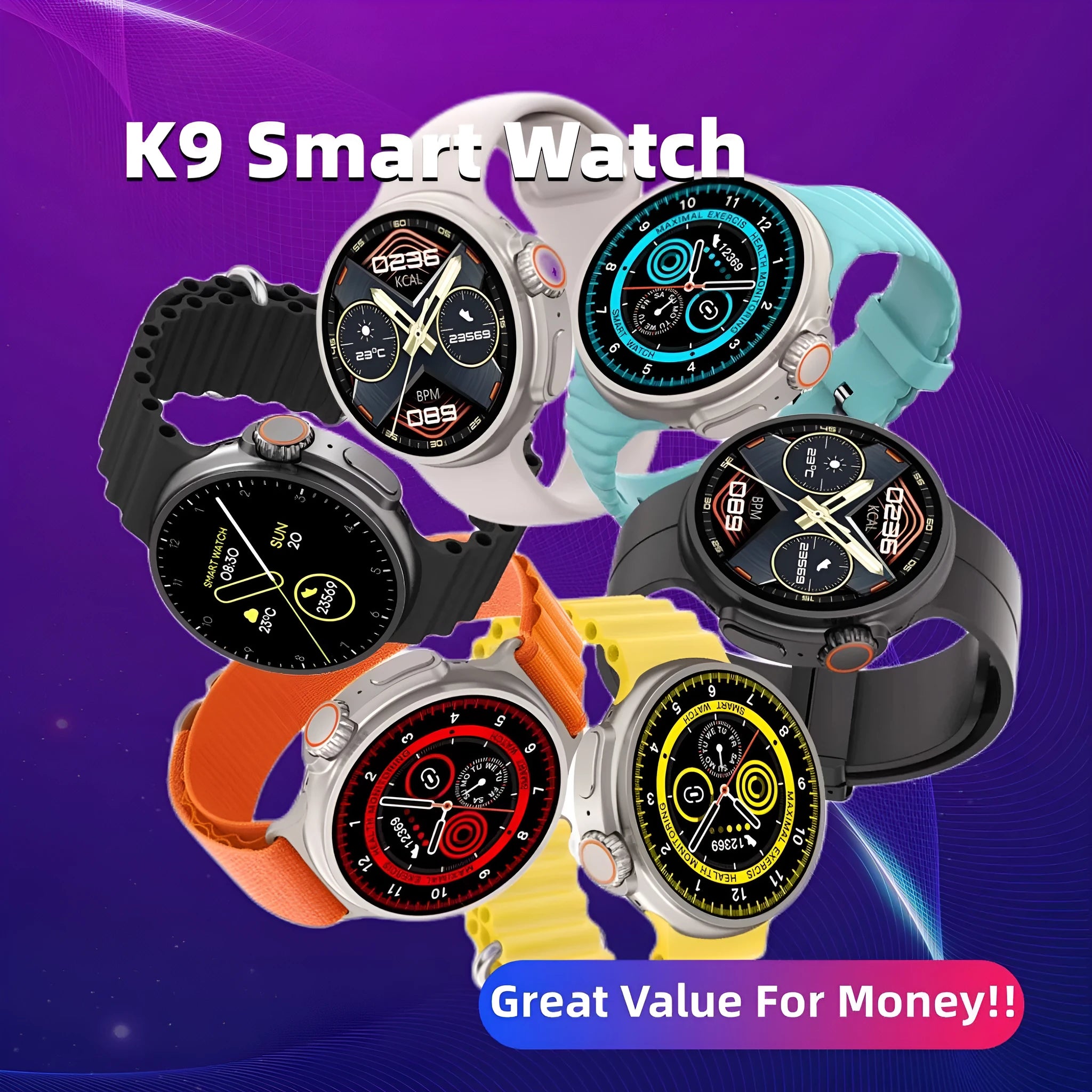 K9 smart watch with round screen and silicone strap, showing health stats and NFC payment icon on display.