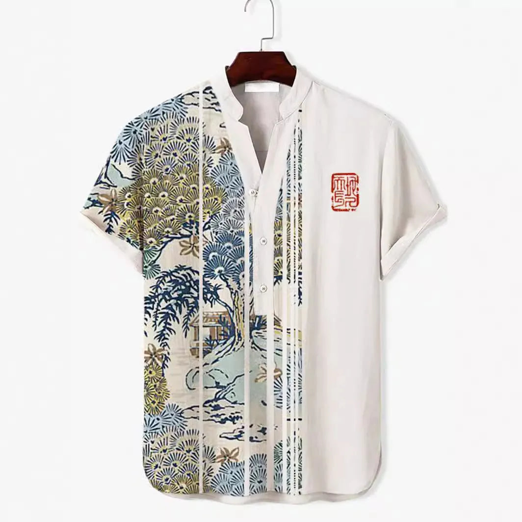 Man wearing a short sleeve shirt with a colourful 3D digital animal print design on the front.