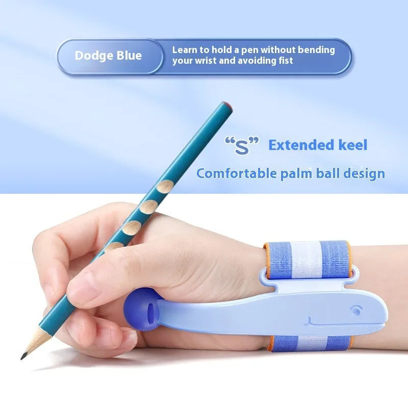 Blue anti-hook wrist brace and pen control corrector for children's writing posture on a table.