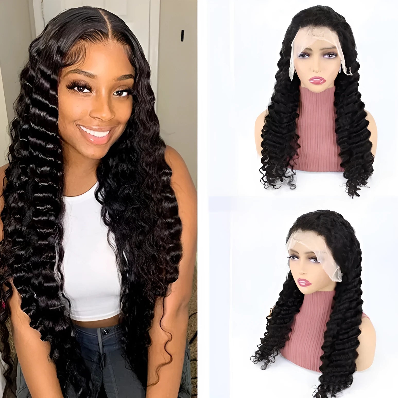 Human hair half lace wig in solid colours showing hand-woven construction and lace front detail