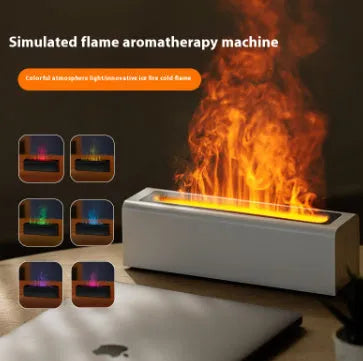 Square USB plug-in aroma diffuser with colourful simulated flame light effect on a table.