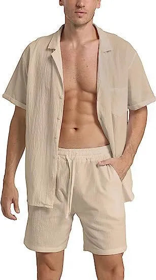 Men's flax short-sleeved top and shorts set for summer sports in army green.