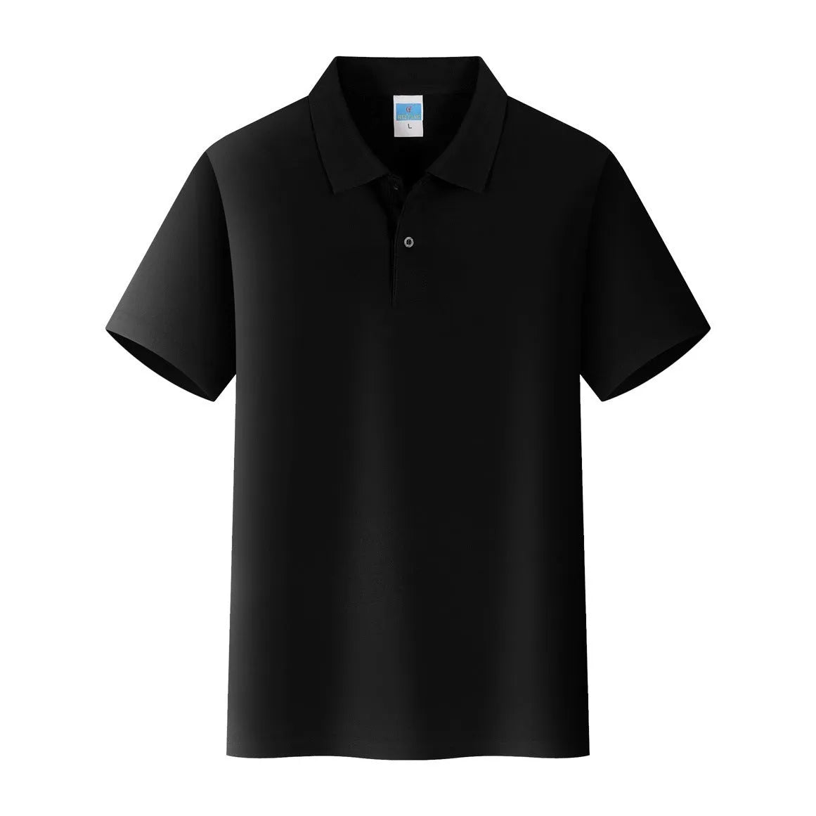 Men's short-sleeved cotton work shirt on a hanger, straight pullover style for embroidery.