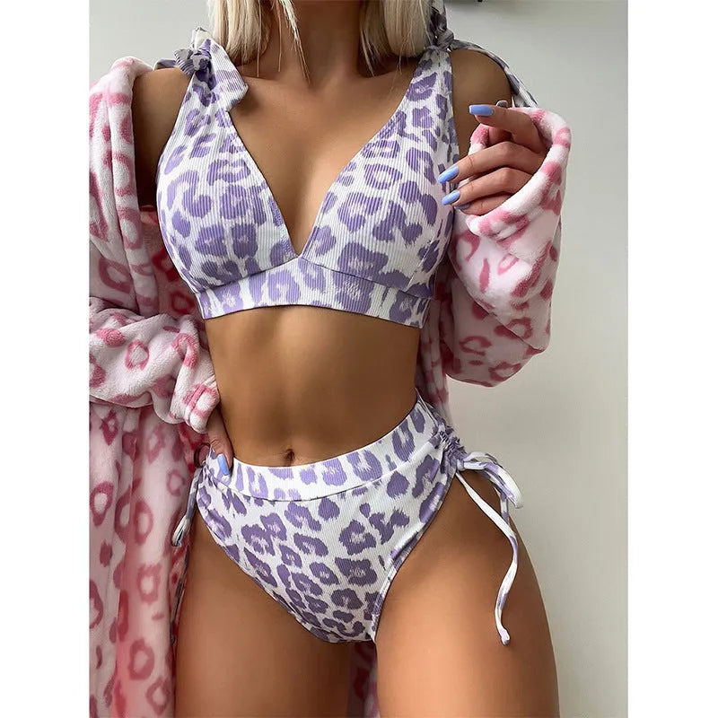 Women's purple leopard print sleeveless lace-up crop top and high-waist shorts two-piece suit set