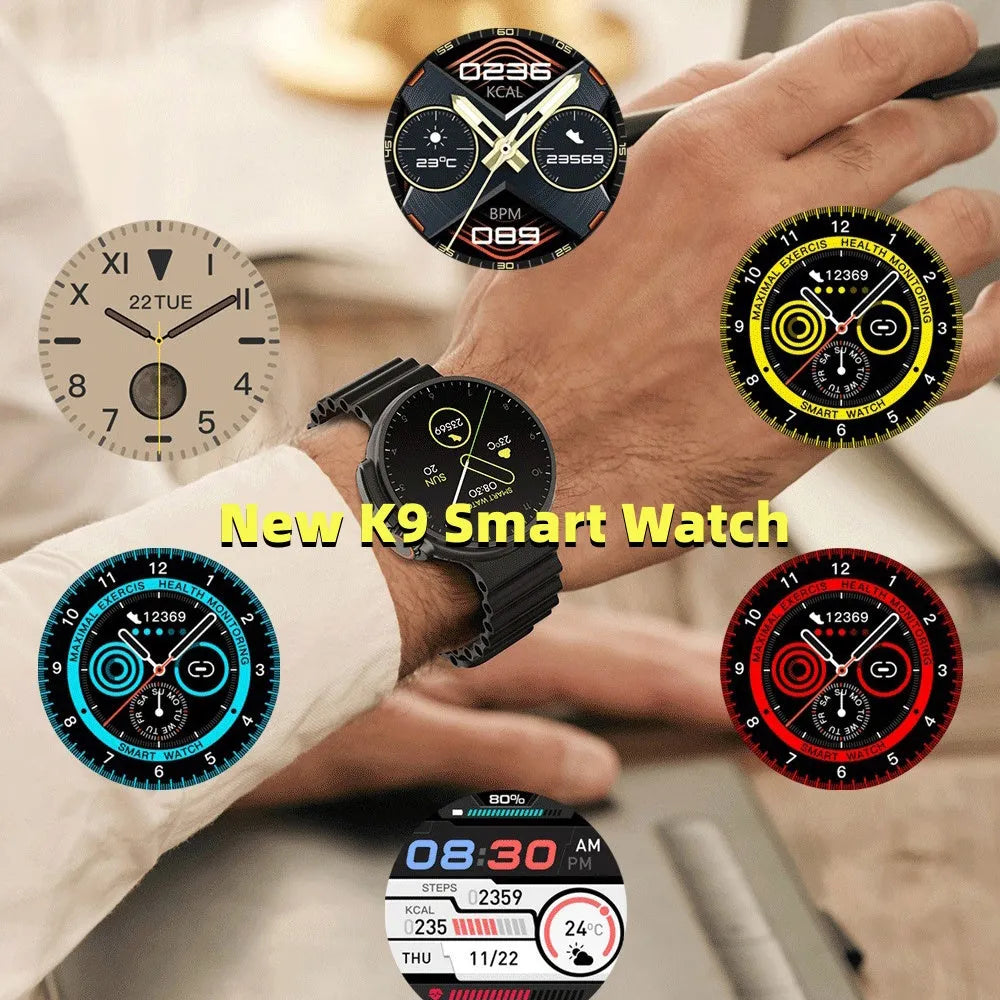 K9 smart watch with round screen and silicone strap, showing health stats and NFC payment icon on display.