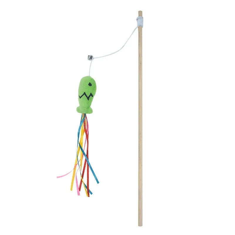 Cat wand toy with wooden handle, colourful ribbons, catnip fish and bell for indoor cats