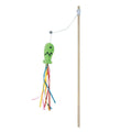 Cat wand toy with wooden handle, colourful ribbons, catnip fish and bell for indoor cats