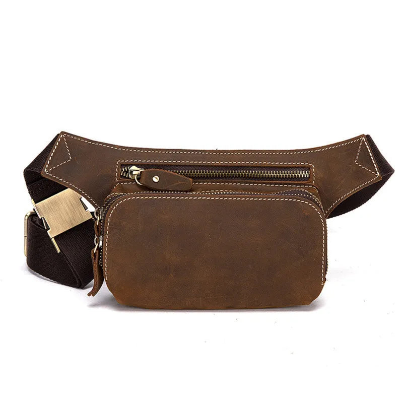 Brown top layer cowhide men's sports waist bag showing pull closure and internal mobile phone pocket