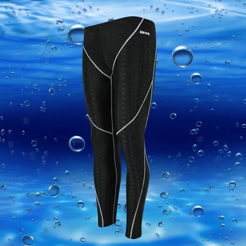 Men's nylon cropped swimming trunks in black with green line pattern