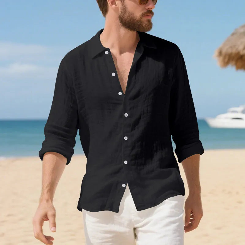 American-style loose-fit linen casual shirt in Army Green, laid flat to show button front and relaxed silhouette.