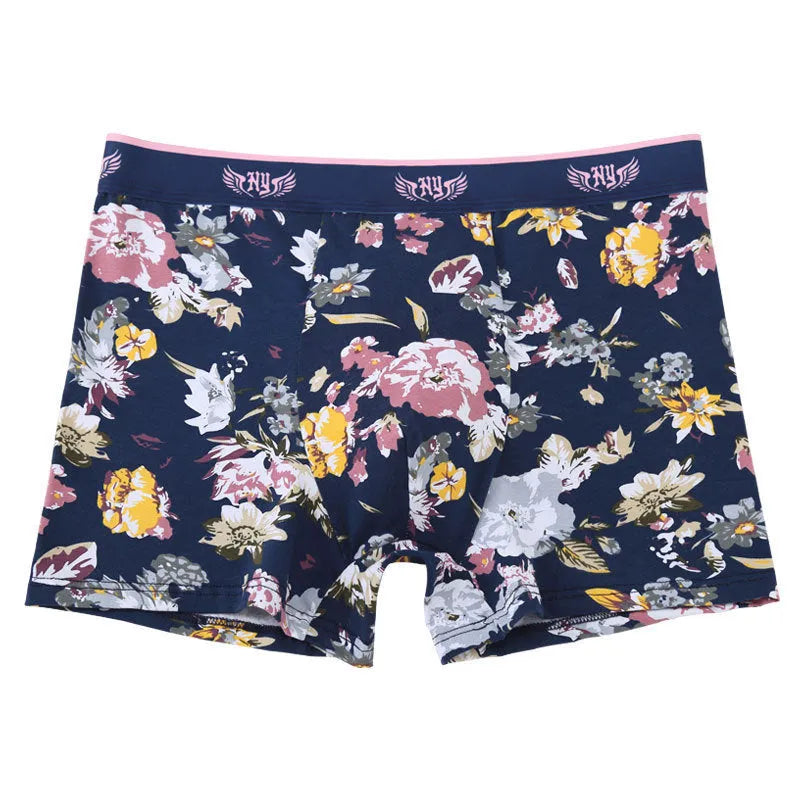 Men's cotton boxer briefs with a U-shaped front design in a floral pattern colour.