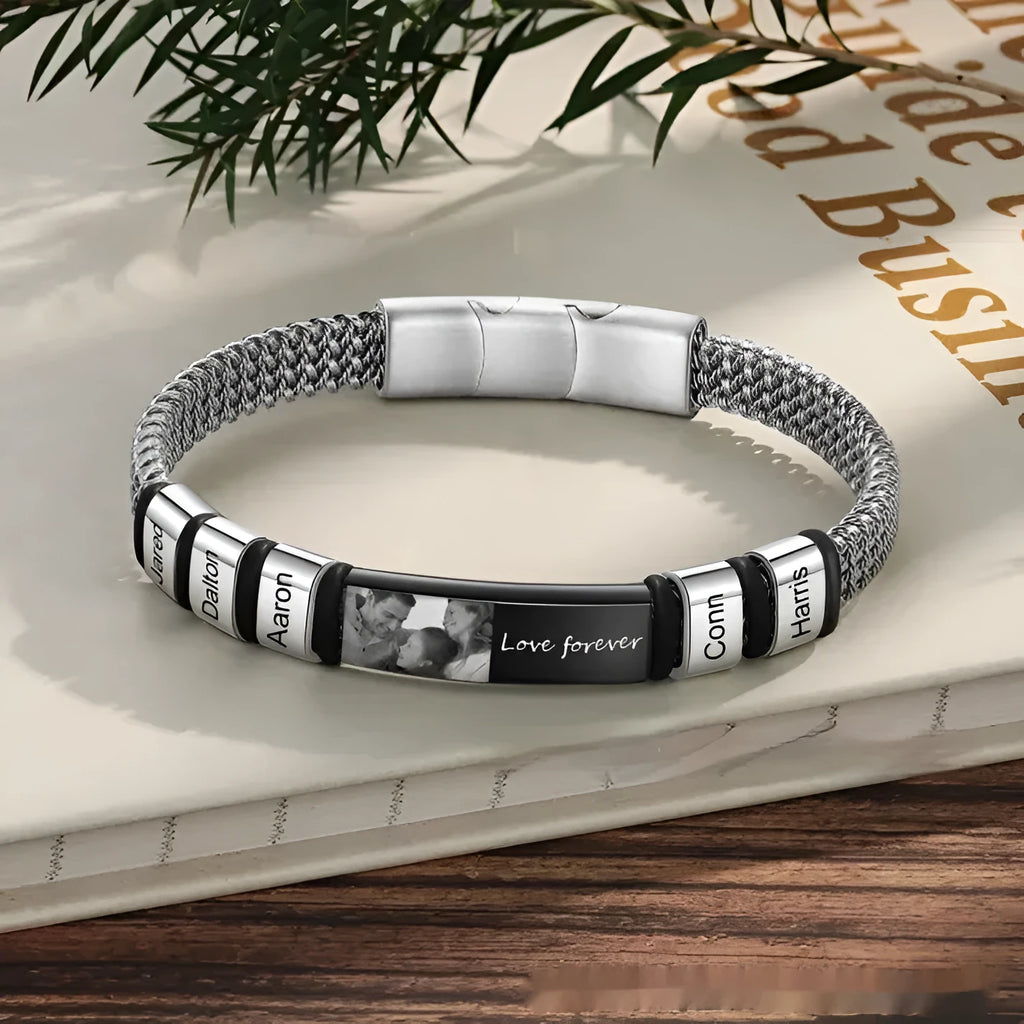 Men's titanium steel and leather rope lettering bracelet with heart-shaped beads