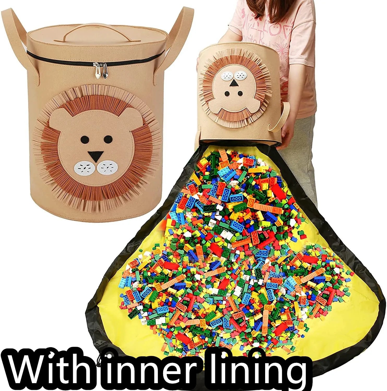Green cube-shaped felt storage bag with pull rope lying flat as a play mat.