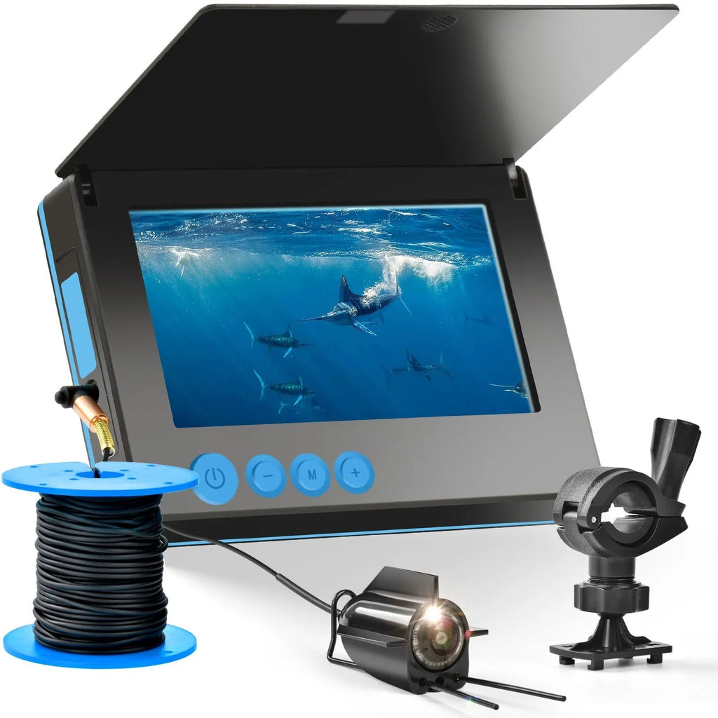 HD underwater fish finder camera with 4.3-inch screen, wide-angle lens, and night vision lights on a box.