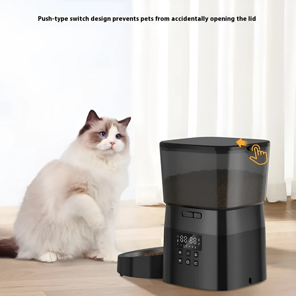 Automatic pet feeder WIFI version black with stainless steel tray and 2L capacity on counter
