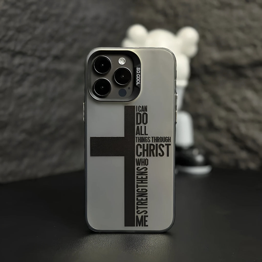 Hard PC phone case for Apple iPhone, coloured silver shell with black cross design, drop-resistant with magnetic