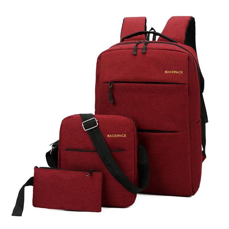Men's USB charging computer bag set in black, grey, navy, and wine red colours
