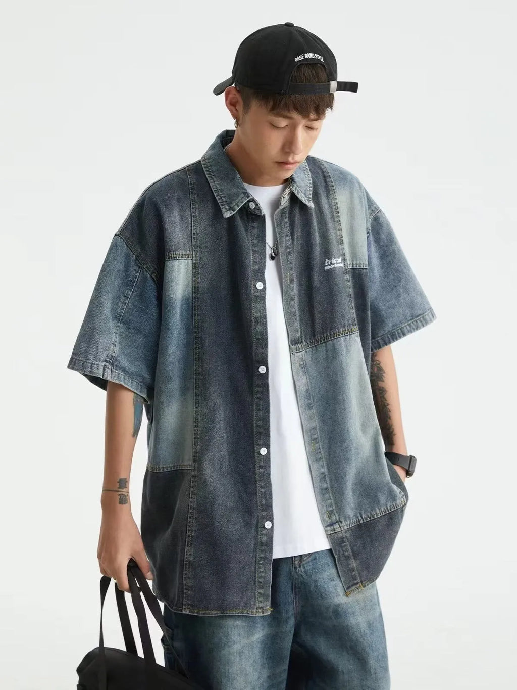 Blue men's denim shirt with Japanese retro washed stitching and cardigan-style design