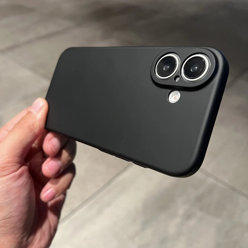 Ultra thin frosted plastic phone case for iPhone 15 Pro Max in black showing camera cutout