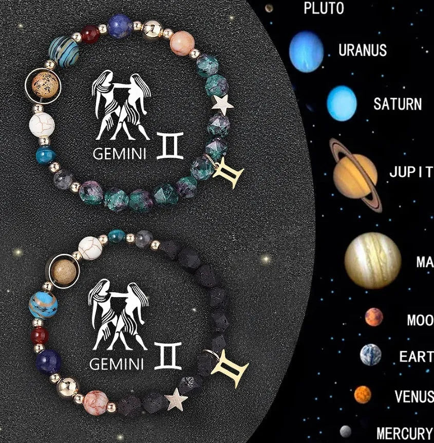 Set of two natural stone beaded bracelets showing zodiac sign designs on a cord.