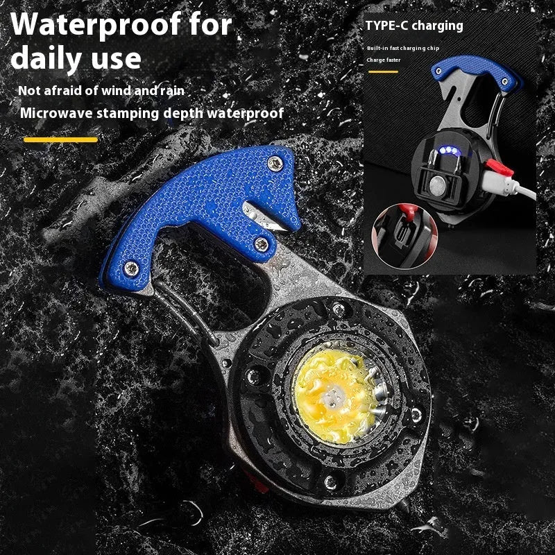 Multifunctional portable keychain light with window breaker and screwdriver, showing charging port and smart display.