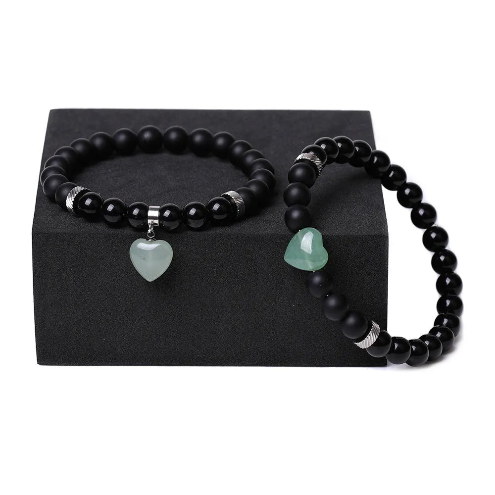 Natural stone couple matching bracelets with geometric heart design in eight colour variations